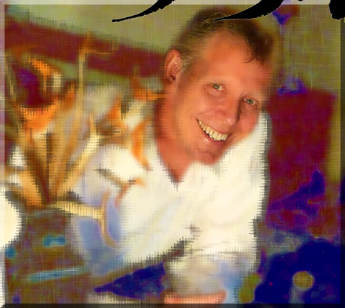 A sketch from a photo of Jerry Michelsen leaning on a grand piano, smiling, with flowers