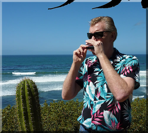 Photo of Jerry Michelsen playing harmonica in a Hawaiian shirt on a cliff overlooking the ocean